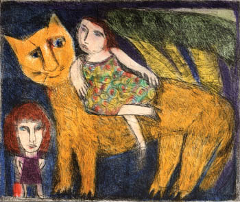 Woman riding a cat